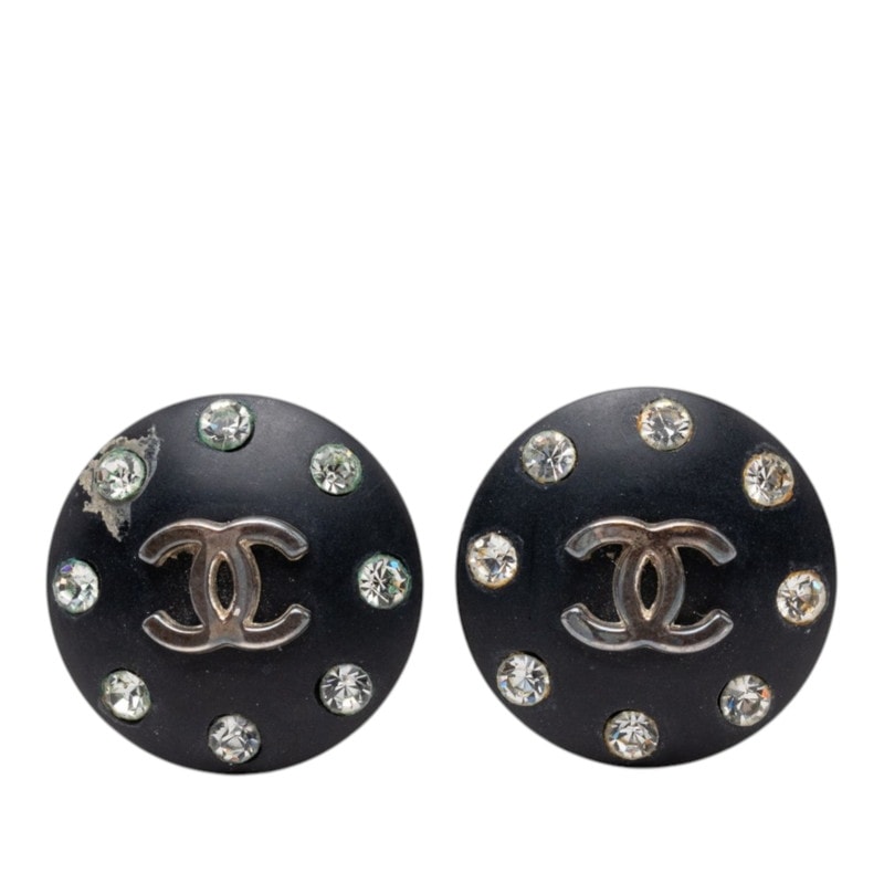 シャネル ココマーク ラウンド イヤリング 96A ブラック メッキ ラインストーン レディース CHANEL 【中古】