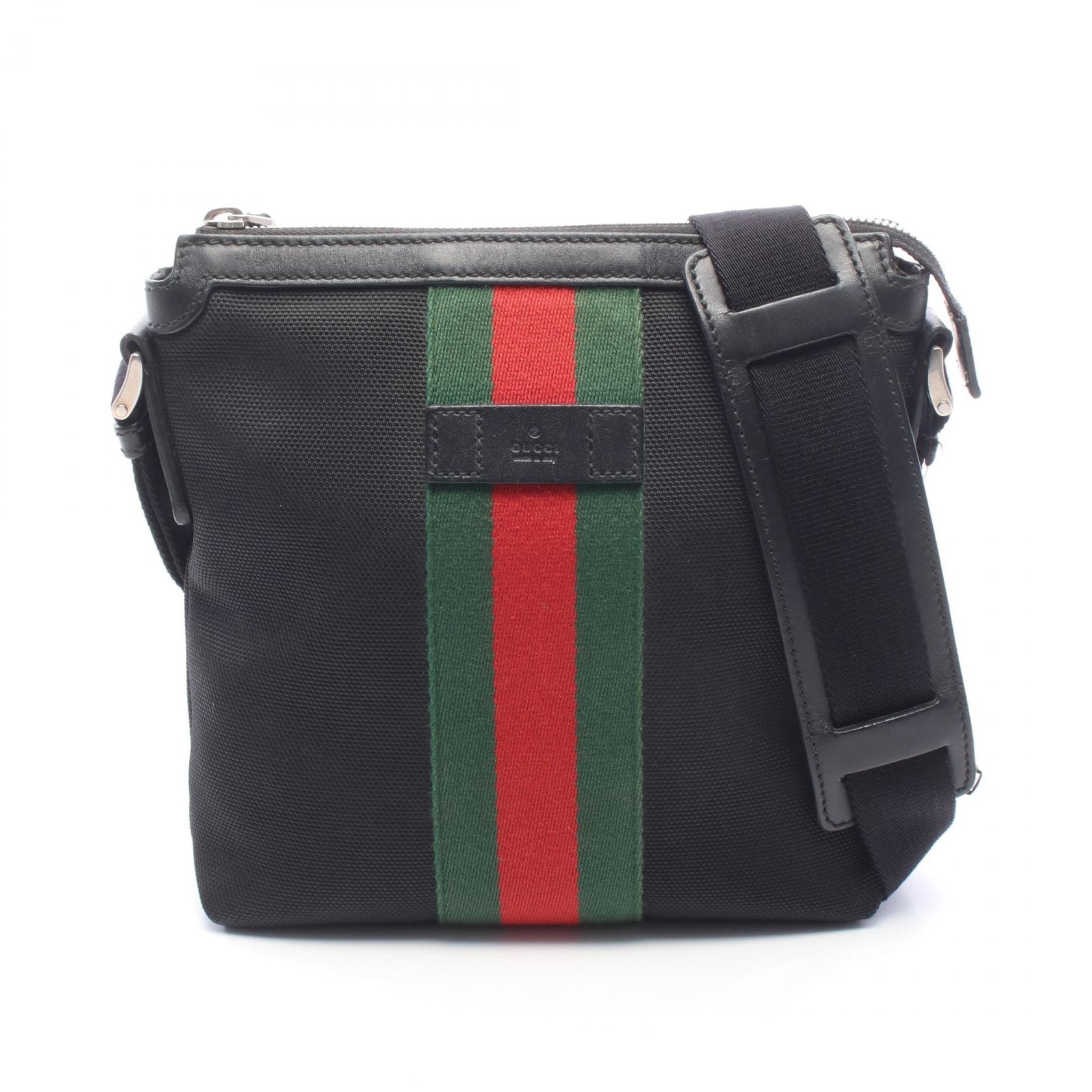 グッチ GUCCI ウェブストライプ フラットメッセンジャー ショルダーバッグ バッグ レザー ナイロンキャンバス メンズ レディース ブラック系 / グリーン系 / レッド系 471454 【中古】