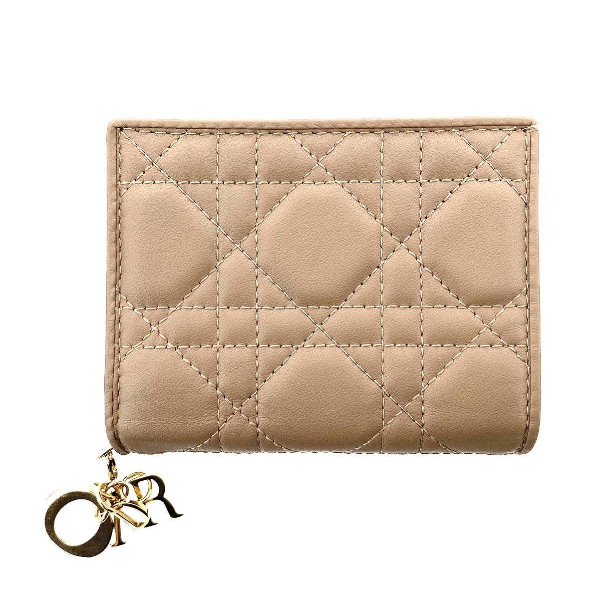 【値下げ】 Christian Dior クリスチャンディオール LADY DIOR レディ ディオール 二つ折り財布 S0178 ラムスキン ベージュ レディース【中古】