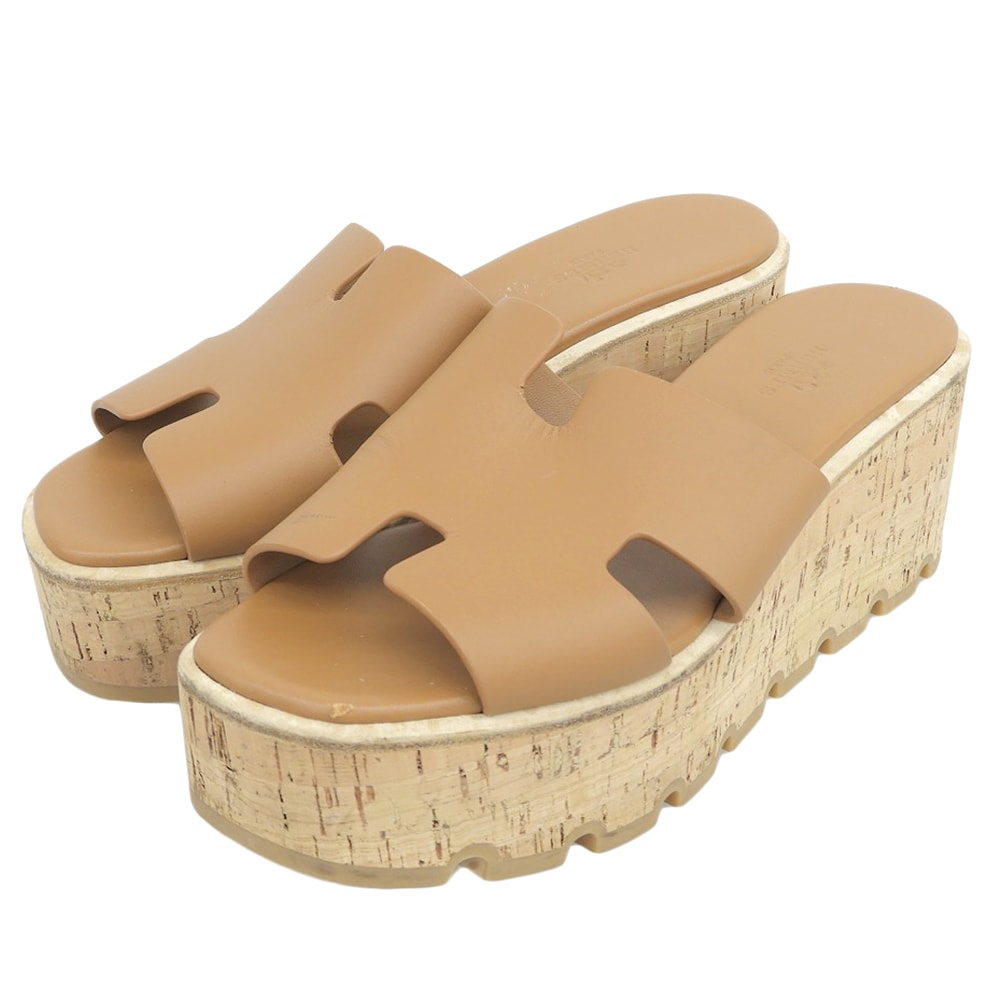 エルメス エズ30 レザー Hカットアウト コルク プラットフォームサンダル レディース ナチュラル 38 38