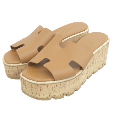 エルメス エズ30 レザー Hカットアウト コルク プラットフォームサンダル レディース ナチュラル 38 38