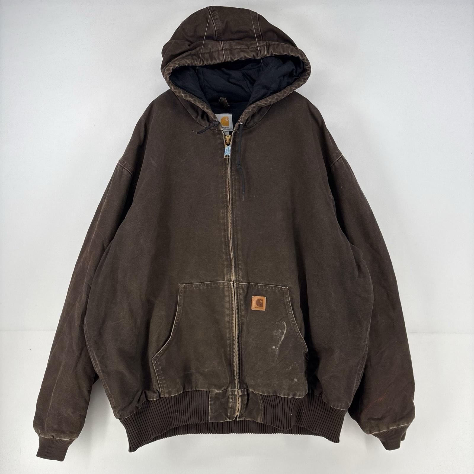 古着 カーハート Carhartt ダック ジャケット パーカー アクティブジャケット ワーク フルジップ ロゴ 中綿 2XL  ブラウン メンズ