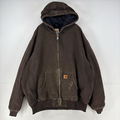 古着 カーハート Carhartt ダック ジャケット パーカー アクティブジャケット ワーク フルジップ ロゴ 中綿 2XL ブラウン メンズ