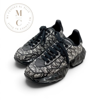未使用 ジミーチュウ JIMMY CHOO ダイヤモンド スニーカー 靴 シューズ ラメ ロゴ レザー ブラック シルバー