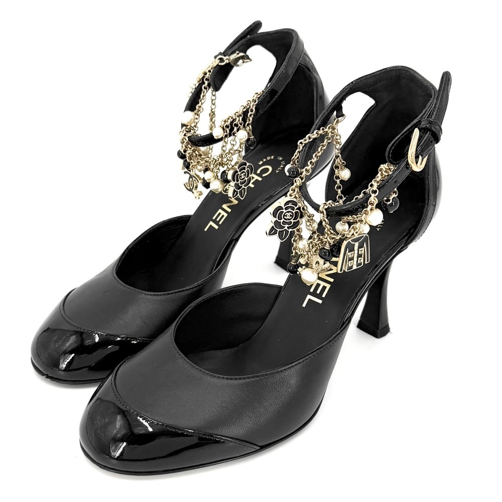 CHANEL シャネル パンプス アイコンチェーン ココマーク ピンヒール 靴 サンダル 36サイズ 約23cm パテントレザー レザー ブラック 黒 ゴールド金具 レディース【中古品】