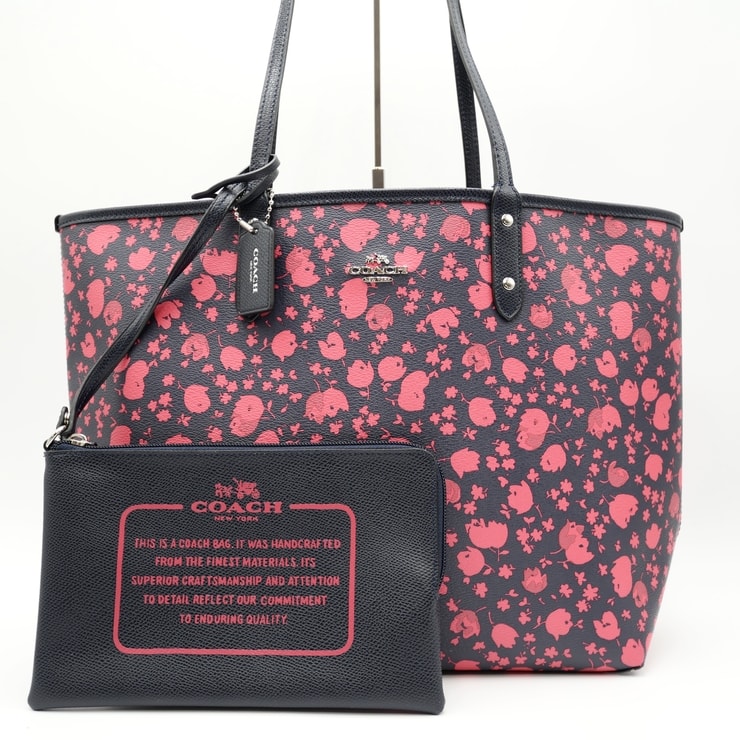 COACH(コーチ)シティー トートバッグ リバーシブル フローラル 花柄 ネイビー×ピンク ポーチ付き シルバー金具 レディース【中古】