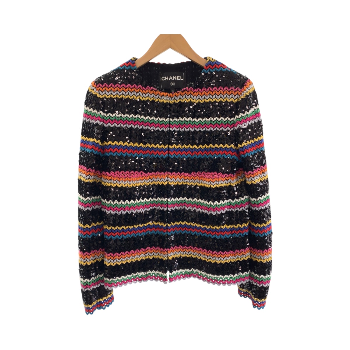超美品 CHANEL シャネル コレクションライン スパンコール サイズ36 マルチカラー コットン ノーカラージャケット カーディガン 409145 【中古】