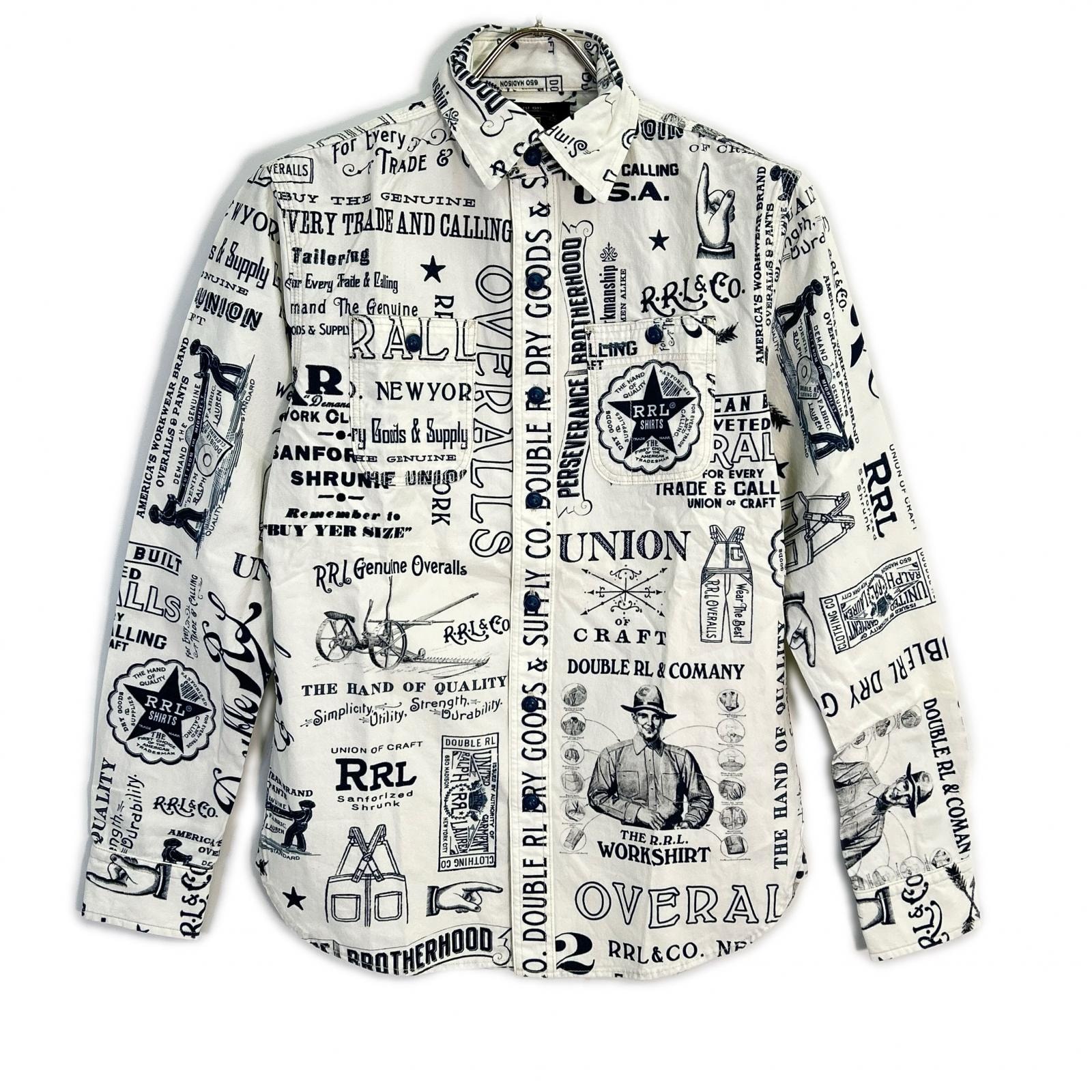 ダブルアールエル MNRRWOV16820270 ホワイト×インディゴ コットンポプリン グラフィックプリント ロングスリーブシャツ XS