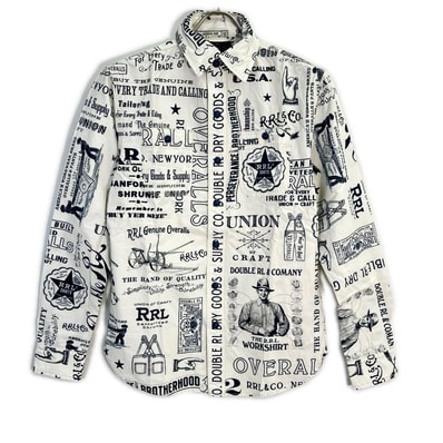 ダブルアールエル MNRRWOV16820270 ホワイト×インディゴ コットンポプリン グラフィックプリント ロングスリーブシャツ XS