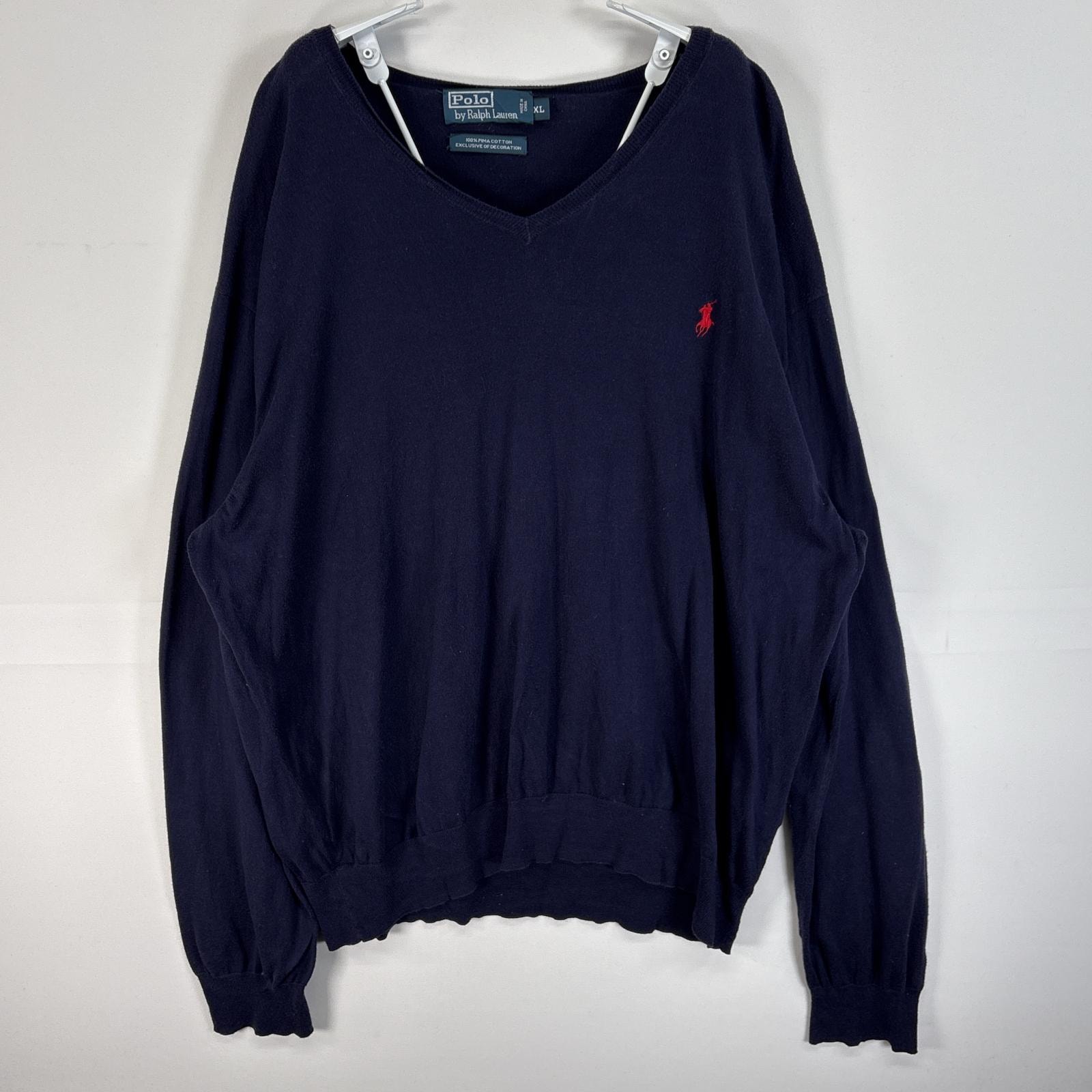 古着 90's/90年代 ポロバイラルフローレン Polo by Ralph Lauren 長袖 セーター ロゴ 刺繍 Vネック 大きいサイズ XL  ネイビー 無地 メンズ