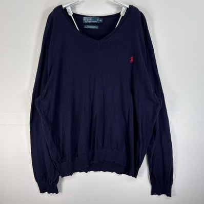 古着 90's/90年代 ポロバイラルフローレン Polo by Ralph Lauren 長袖 セーター ロゴ 刺繍 Vネック 大きいサイズ XL ネイビー 無地 メンズ