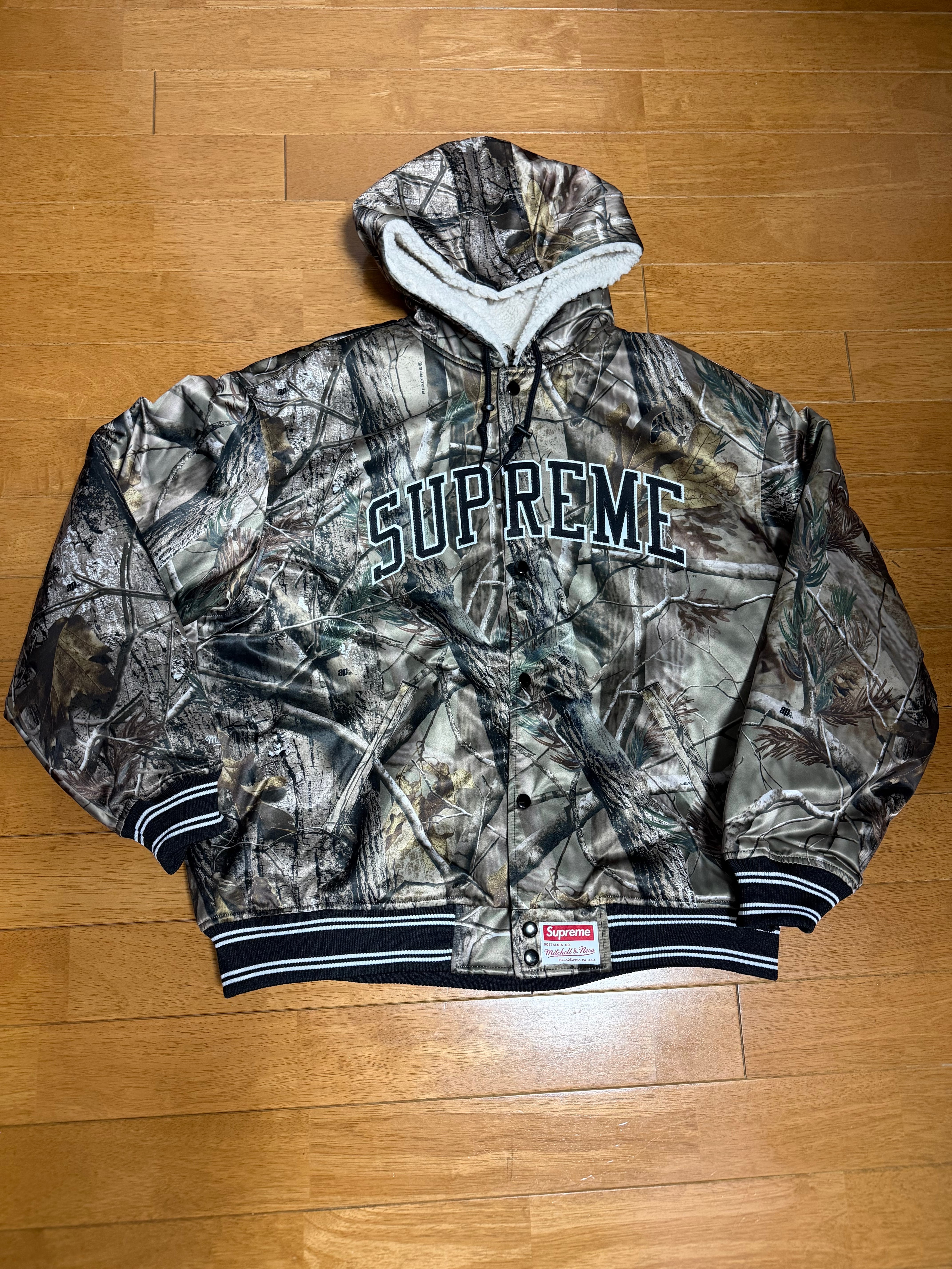Supreme x Mitchell & Ness Lined Hooded Satin Varsity Jacket 