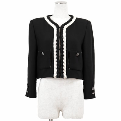 CHANEL シャネル SAMPLE not for resale ジャケット 38 レディース P71865 2021 PRE FALL CC ロゴ ラインストーン クレープ シルク100% ノーカラー ニットトリミング 短丈 ブラック アイボリー 黒 仏製