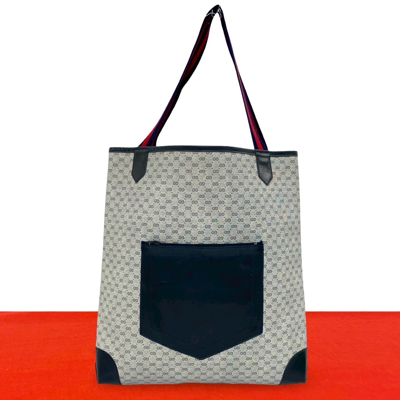 GUCCI グッチ シェリーライン マイクロGG ロゴ 柄 レザー PVC トートバッグ ネイビー
 33423