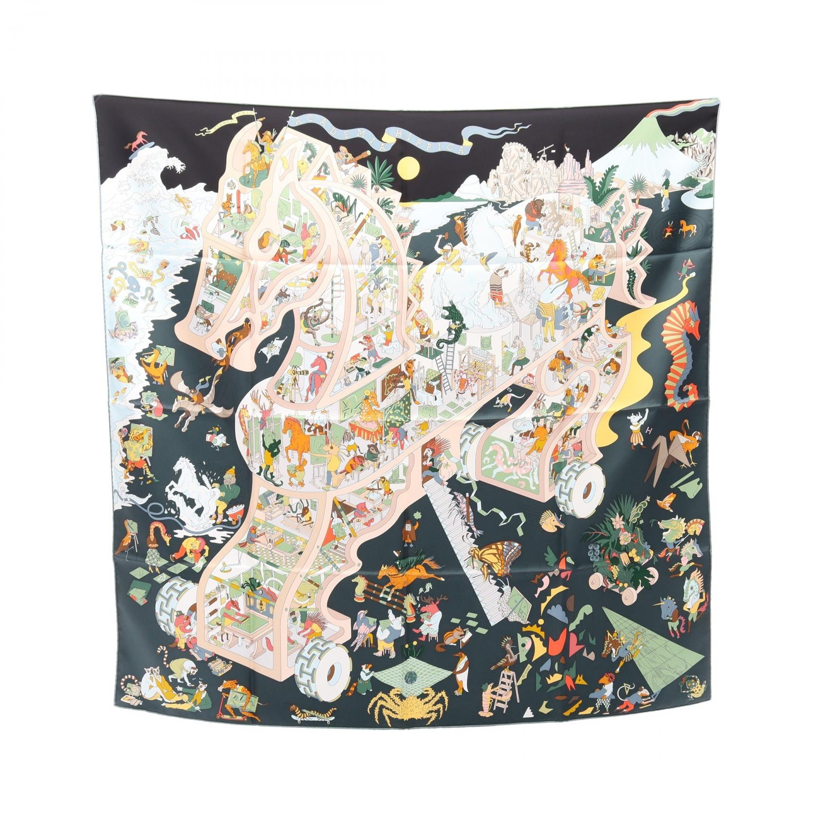 エルメス HERMES カレ90 ACADEMIA HIPPICA スカーフ 衣料品 シルク シルク レディース グリーン系 / マルチカラー 【中古】