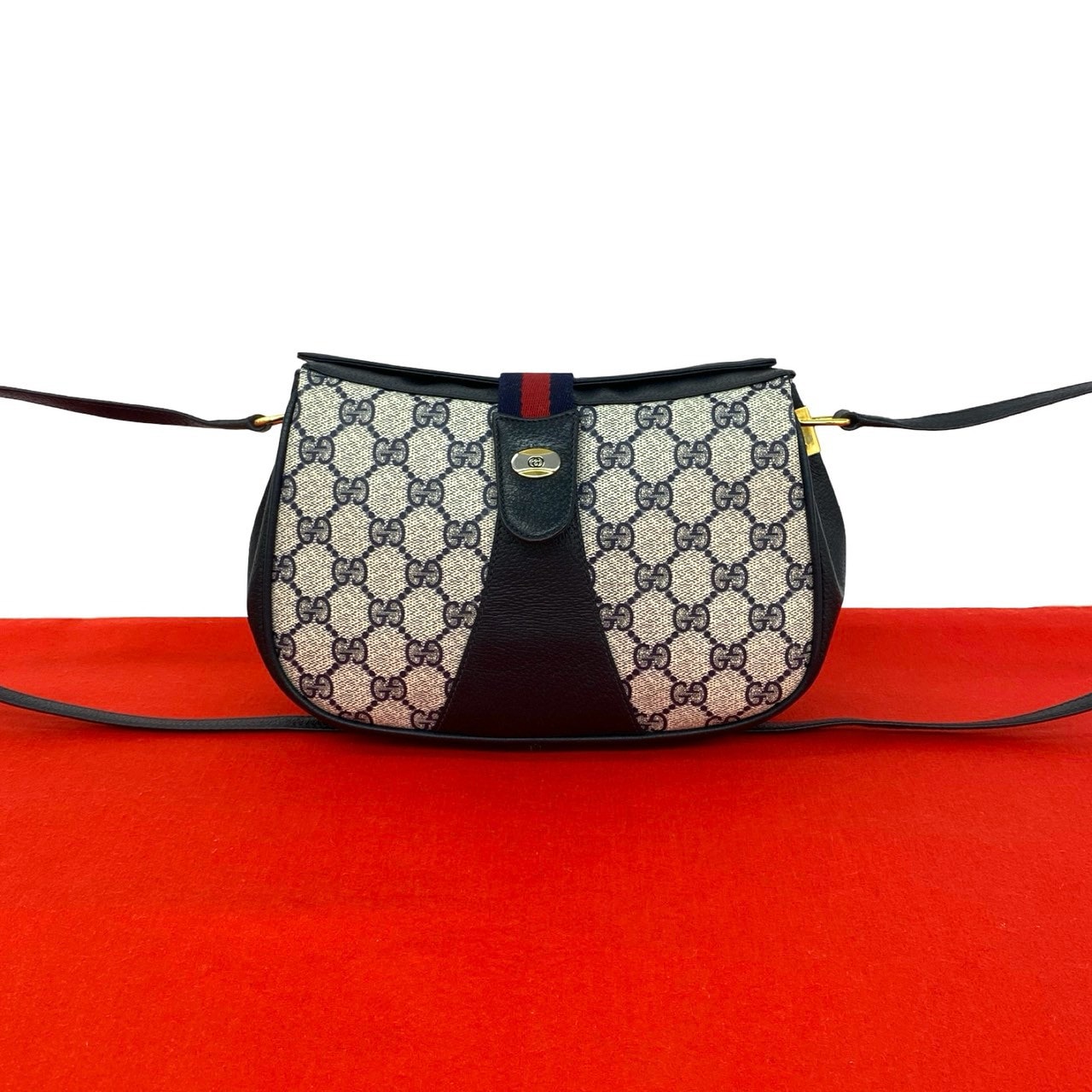 GUCCI グッチ GG ロゴ 柄 金具 レザー PVC ショルダーバッグ ネイビー
 35899