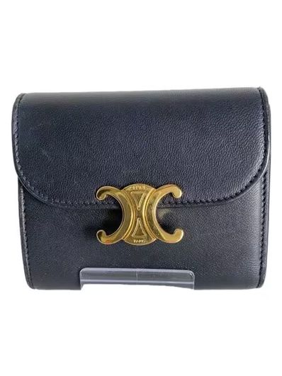 CELINE Triomphe Small Flap Wallet In Shiny Calfskin "Black"
