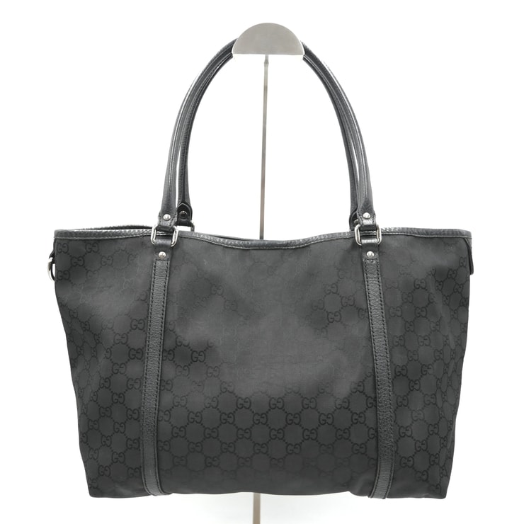 GUCCI(グッチ)GGナイロン トートバッグ ブラック レザー レディース シルバー金具 A4収納 肩掛け 【中古】