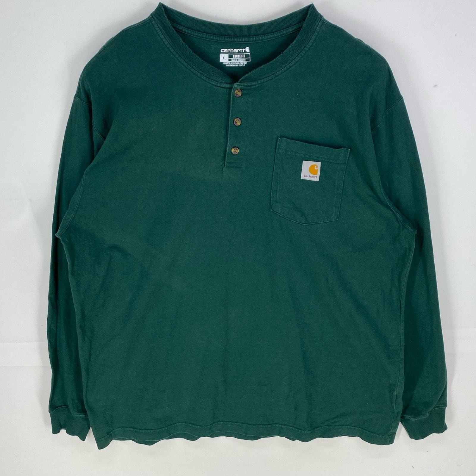 古着 カーハート Carhartt 長袖Tシャツ ヘンリーネック 胸ポケット ワンポイント ロゴ ロンT XL  グリーン系 メンズ