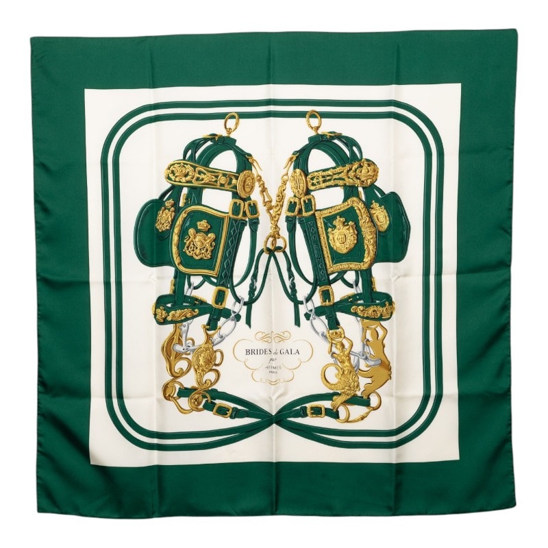 エルメス カレ90 BRIDES de GALA 式典用の馬勒 スカーフ 大判 グリーン系 マルチカラー シルク レディース HERMES 【中古】