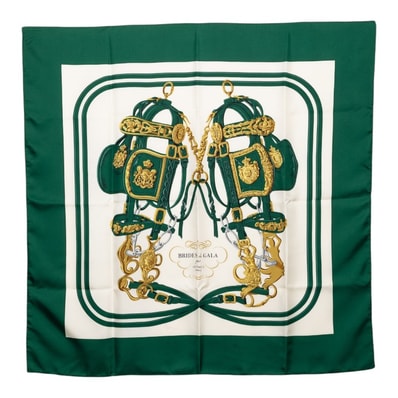 エルメス カレ90 BRIDES de GALA 式典用の馬勒 スカーフ 大判 グリーン系 マルチカラー シルク レディース HERMES 【中古】