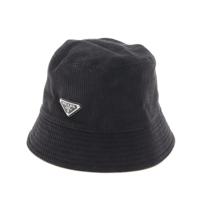 プラダ PRADA 三角プレート コーデュロイ バケット ハット 帽子 コットン メンズ レディース ブラック系 2HC137 【中古】