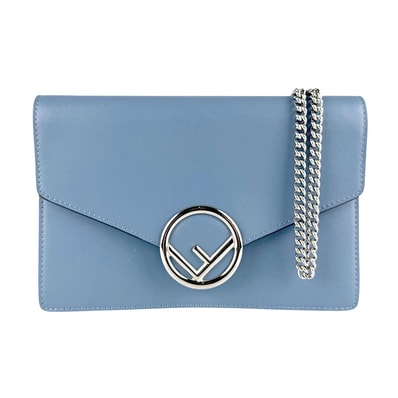フェンディ FENDI チェーンウォレット エフ イズ レザー ブルー シルバー レディース 8BS006 A386【中古】 z9305