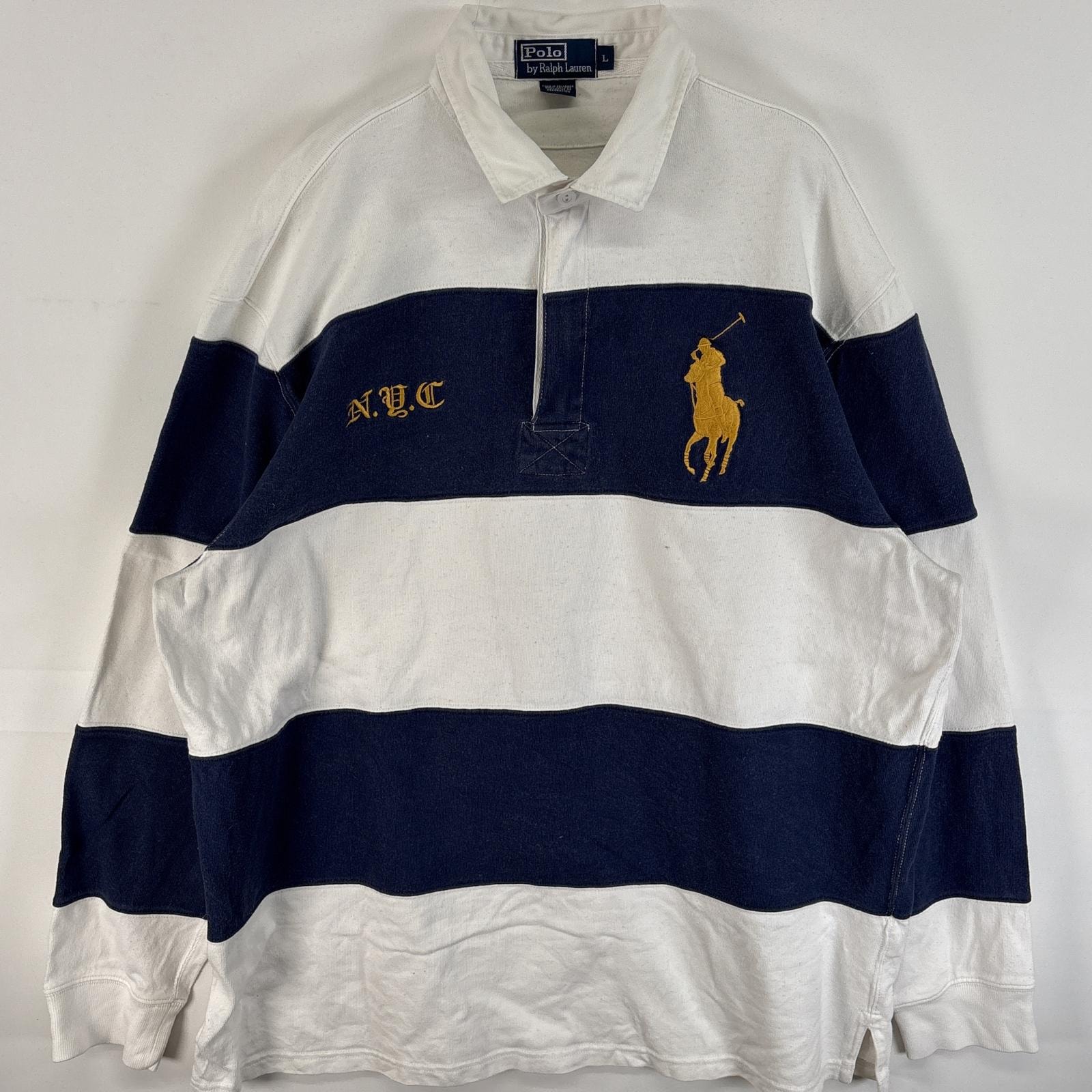 古着 90's/90年代 ポロバイラルフローレン Polo by Ralph Lauren 長袖 ラガーシャツ ビックポニー ハーフジップ 刺繍デザイン L  ネイビー系 ボーダー メンズ