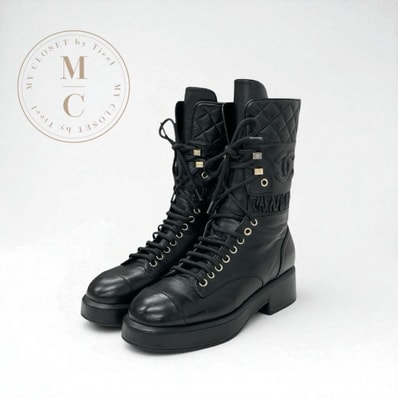 シャネル CHANEL ブーツ ショートブーツ 靴 シューズ レザー ブラック 黒 ココマーク マトラッセ レースアップ ミドルブーツ