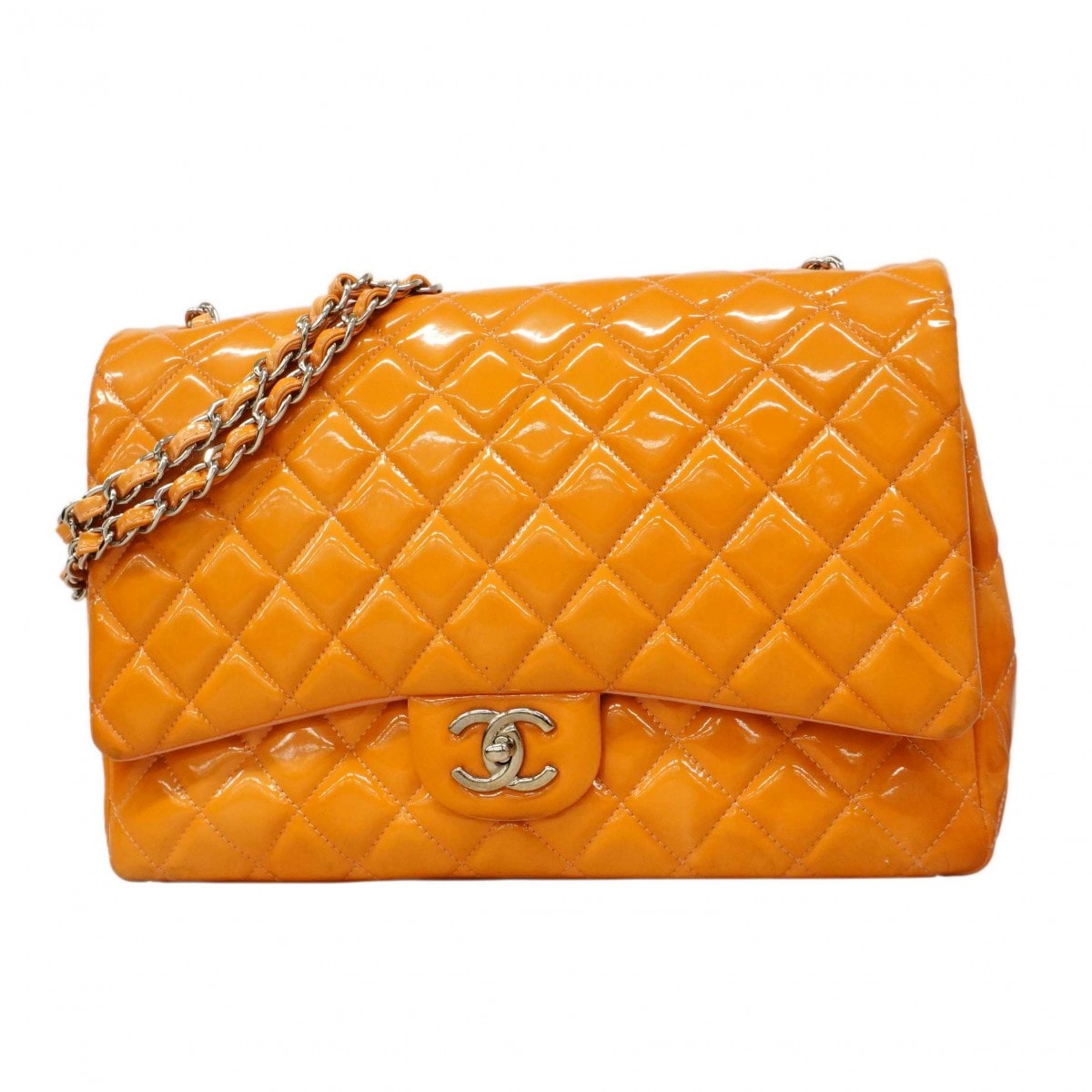 【6dc3077-k】シャネル ショルダーバッグ デカマトラッセ Wフラップ Wチェーン パテントレザー オレンジ シルバー金具【中古】レディース
