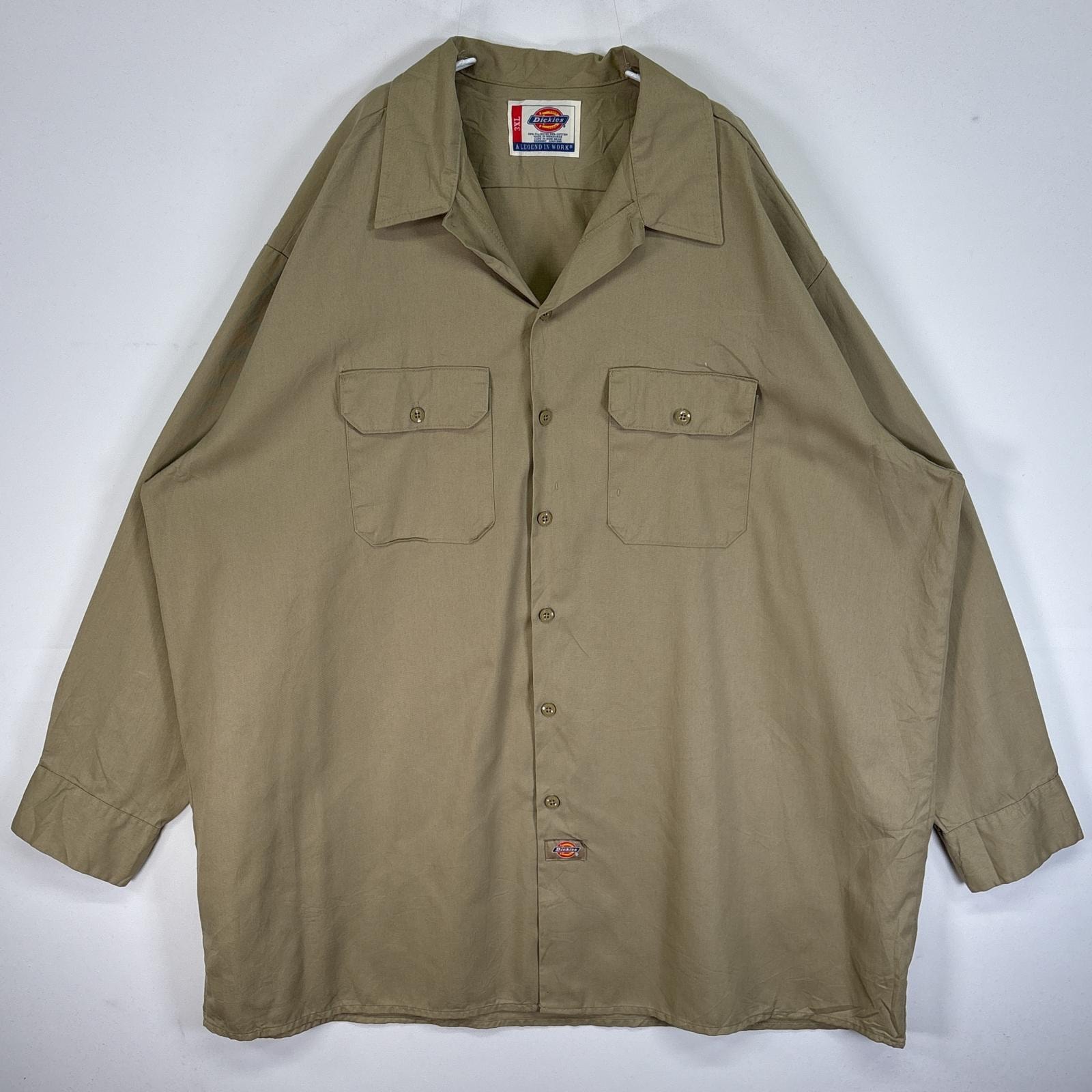 古着 ディッキーズ Dickies 長袖シャツ ワーク 作業着 フラップポケ 大きいサイズ ワンポイント ロゴ 3XL ベージュ 無地 メンズ