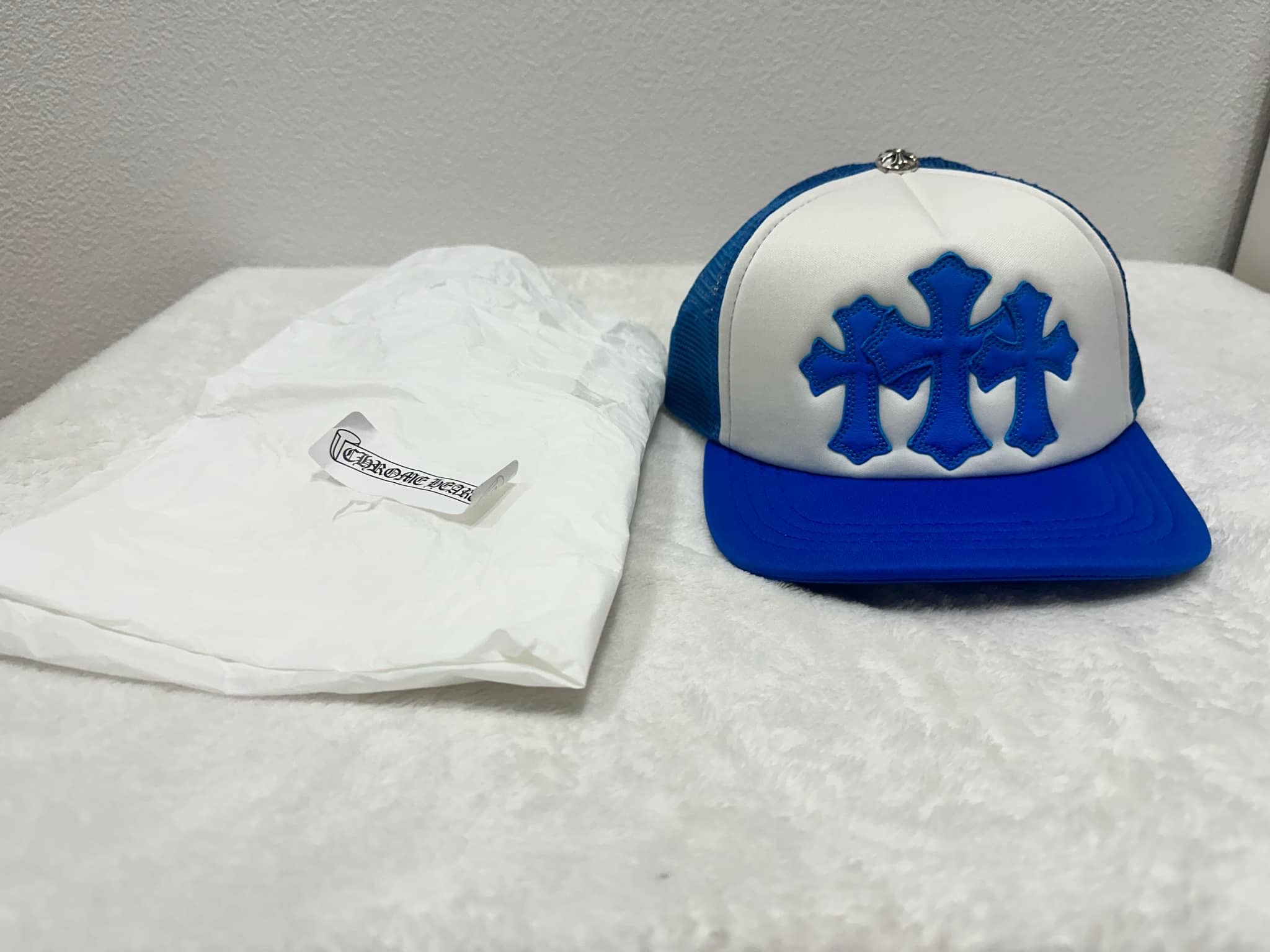 Chrome Hearts 3 Cemetery Cross Patch Trucker Hat "Blue"
