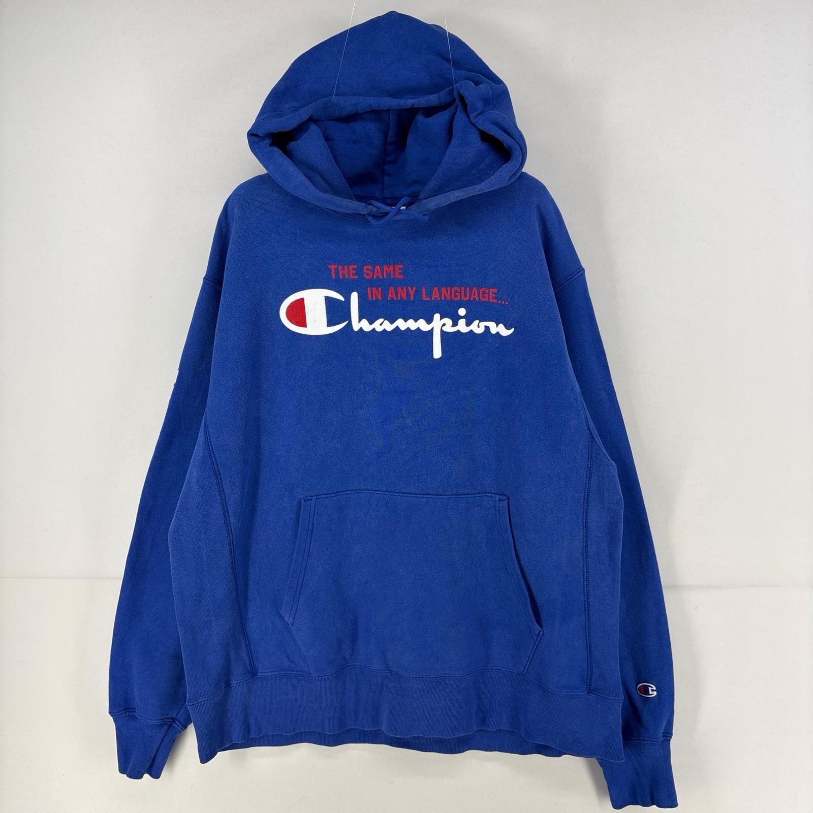 古着 チャンピオン Champion パーカー プルオーバー ロゴ プリント リバースウィーブ スウェット バックロゴ L ブルー メンズ