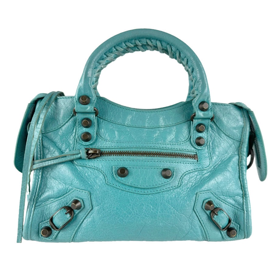 バレンシアガ BALENCIAGA ハンドバッグ ショルダーバッグ クラシック ミニ シティ レザー ターコイズブルー レディース 300295【中古】 z9427
