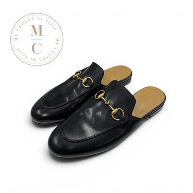 グッチ GUCCI プリンスタウン フラットシューズ 靴 シューズ レザー ブラック 黒 ゴールド スリッパサンダル ミュール ホースビット