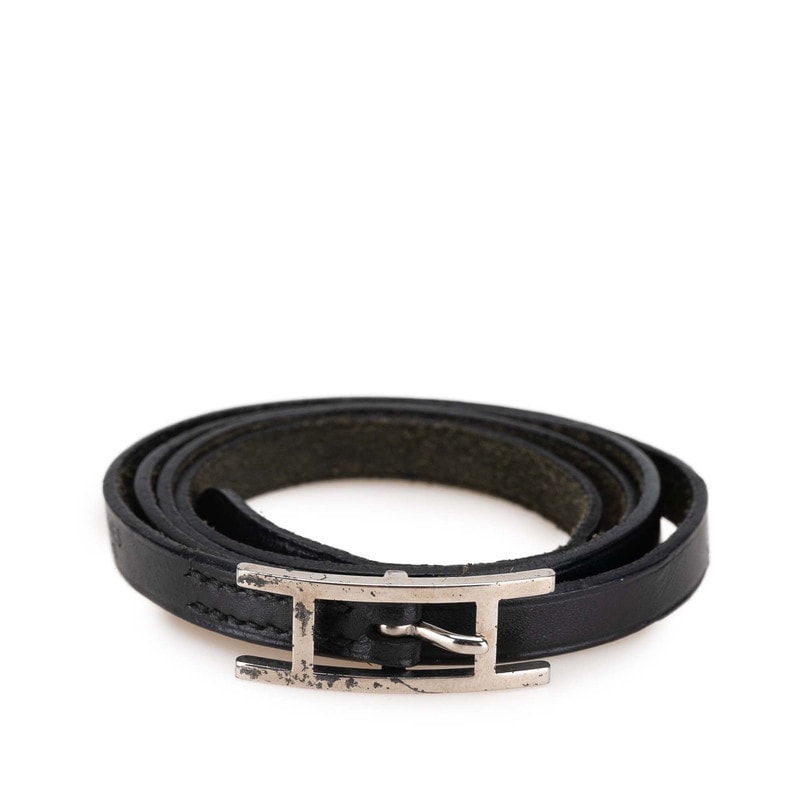 エルメス アピ3 ロング ブレスレット チョーカー ブラック シルバー レザー レディース HERMES 【中古】