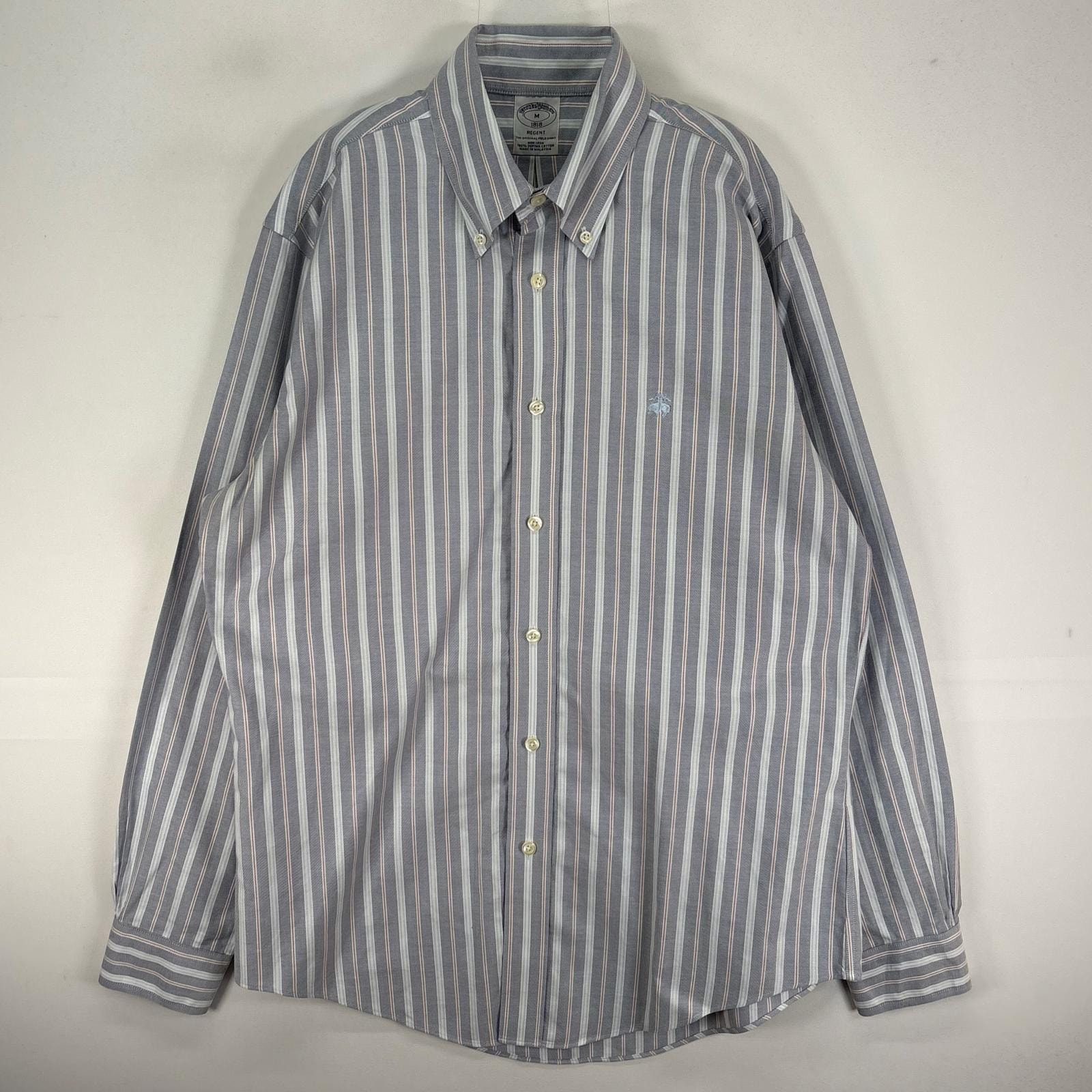 古着 ブルックスブラザーズ Brooks Brothers 長袖シャツ ボタンダウン ワンポイント M  ブルー系 ストライプ メンズ