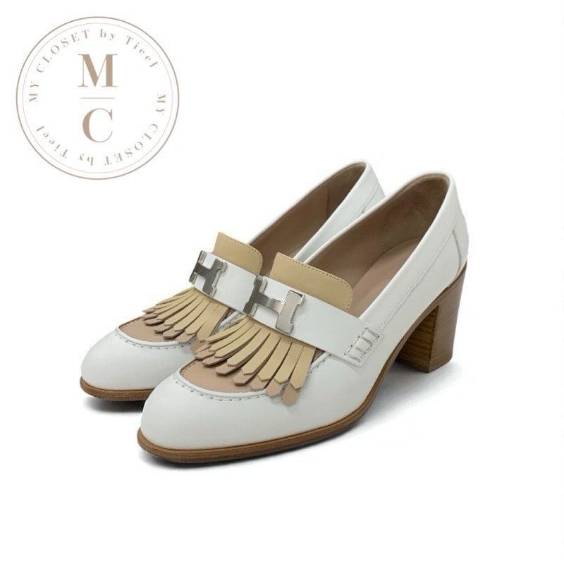 エルメス HERMES エリゼ パンプス 靴 シューズ レザー ホワイト ベージュ シルバー H金具 フリンジ ヒールローファー