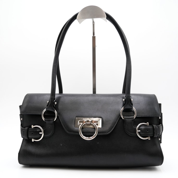 Salvatore Ferragamo(サルヴァトーレ フェラガモ)ガンチーニ トートバッグ ハンドバッグ ブラック レザー シルバー金具 レディース DY-21 4862【中古】