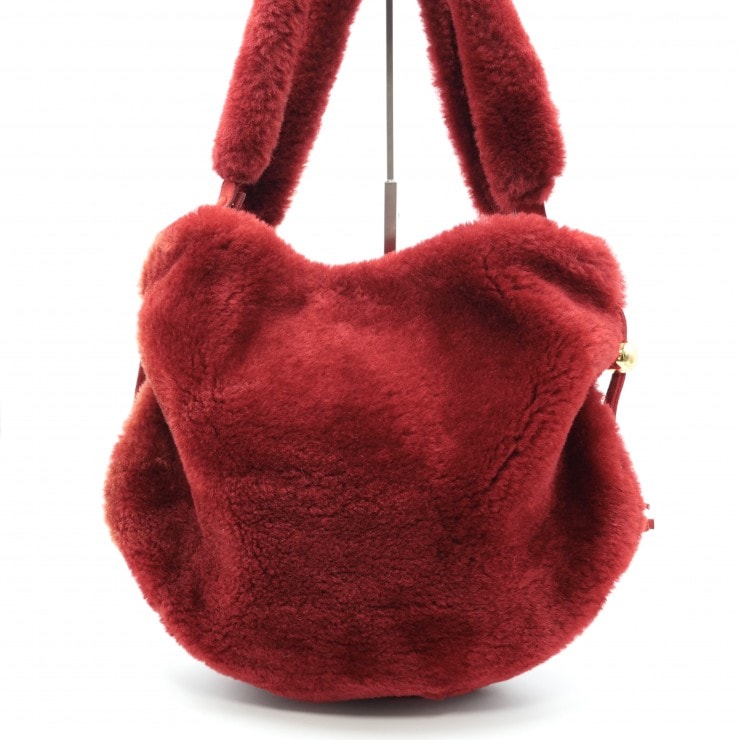 BOTTEGA VENETA(ボッテガヴェネタ)バルブ ミディアム ファー トートバッグ ヴィンテージ ワンショルダーバッグ レッド ムートン ゴールド金具 レディース B0968622M【中古】