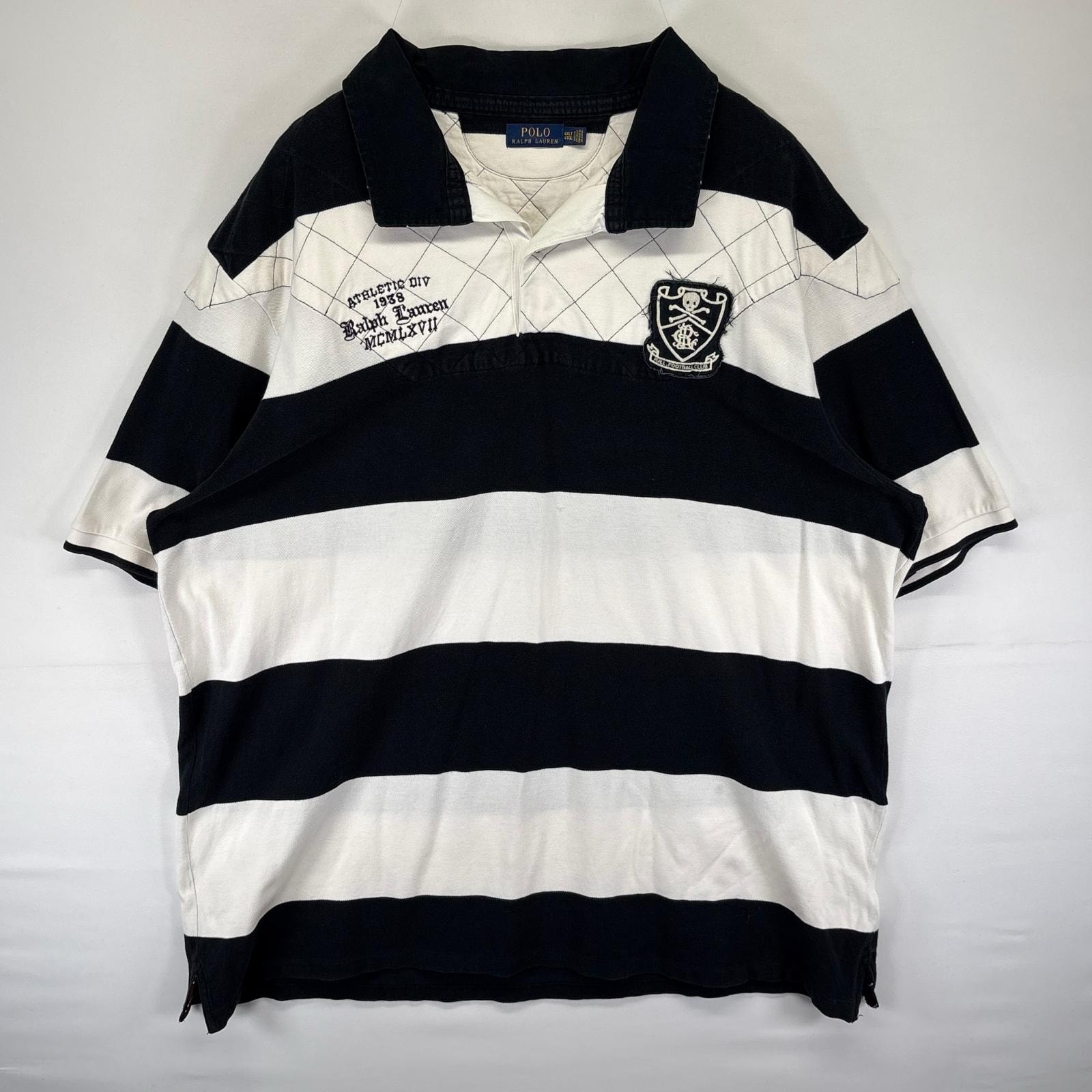 古着 ポロ・ラルフローレン POLO RALPH LAUREN 鹿の子 半袖シャツ ラガーシャツ ロゴ刺繍 4XLT  ホワイト系 ボーダー メンズ