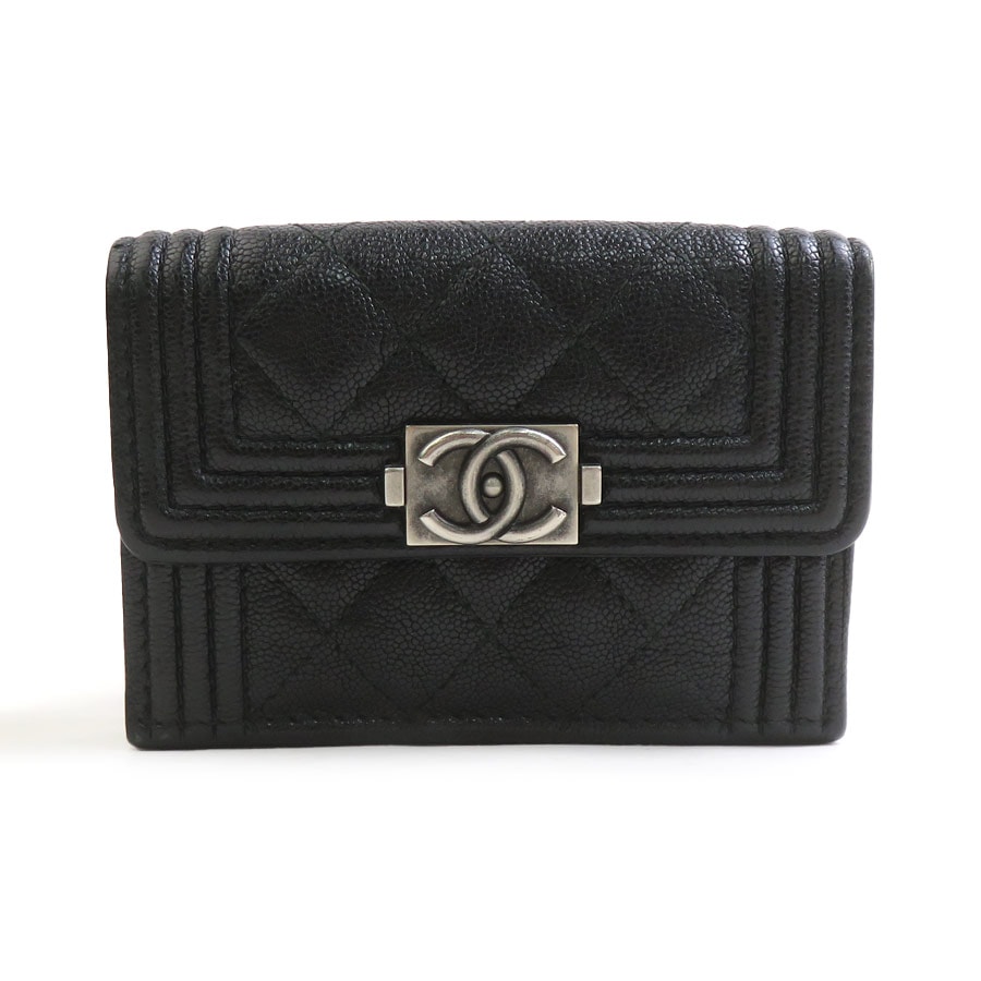 シャネル CHANEL 三つ折り財布 ボーイシャネル レザー ブラック ガンメタル レディース【中古】 56931a