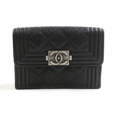 シャネル CHANEL 三つ折り財布 ボーイシャネル レザー ブラック ガンメタル レディース【中古】 56931a