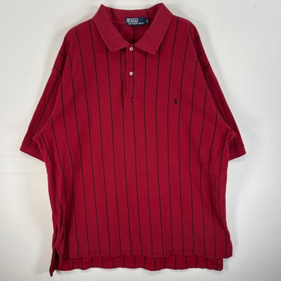 古着 90's/90年代 ポロバイラルフローレン Polo by Ralph Lauren 鹿の子 半袖 ポロシャツ ワンポイント ロゴ 刺繍 大きいサイズ 厚手 2XLT レッド系 ストライプ メンズ