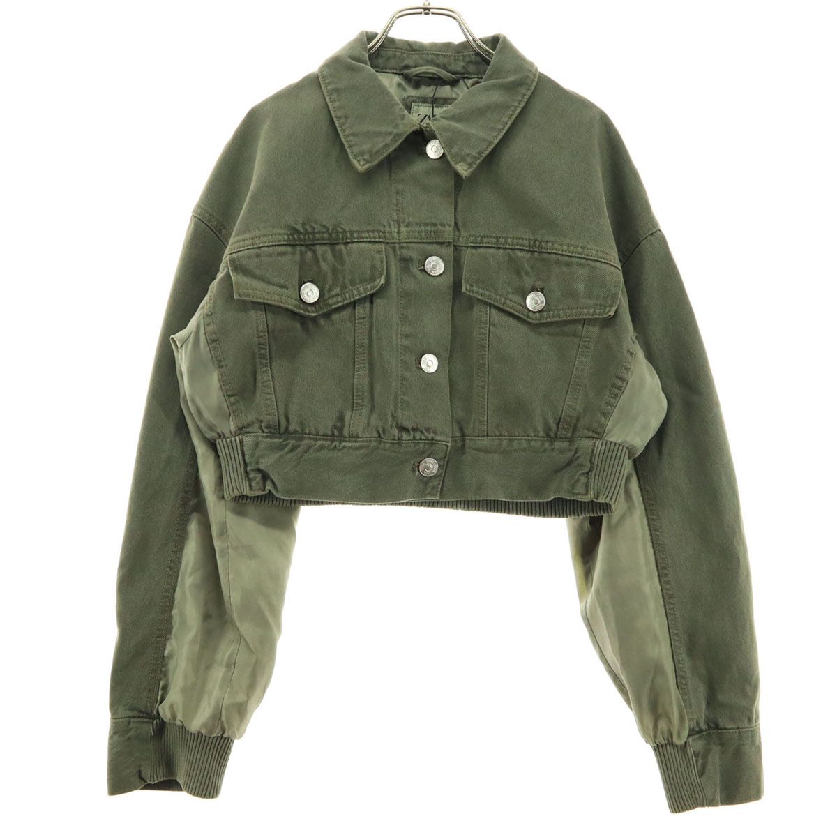 ZARA ザラ 長袖 ショート丈 切替 デニムジャケット XS グリーン