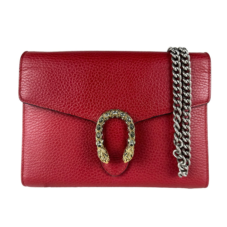 GUCCI ウォレットチェーン レザー✖️シルバー レッド 美品 B (目立った傷や汚れなし)】グッチ GUCCI チェーンウォレット