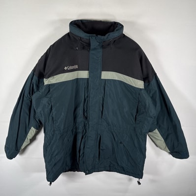 古着 コロンビア Columbia マウンテンパーカー ナイロンジャケット ツートンカラー フルジップ 中綿 フード収納 XL グリーン系 メンズ