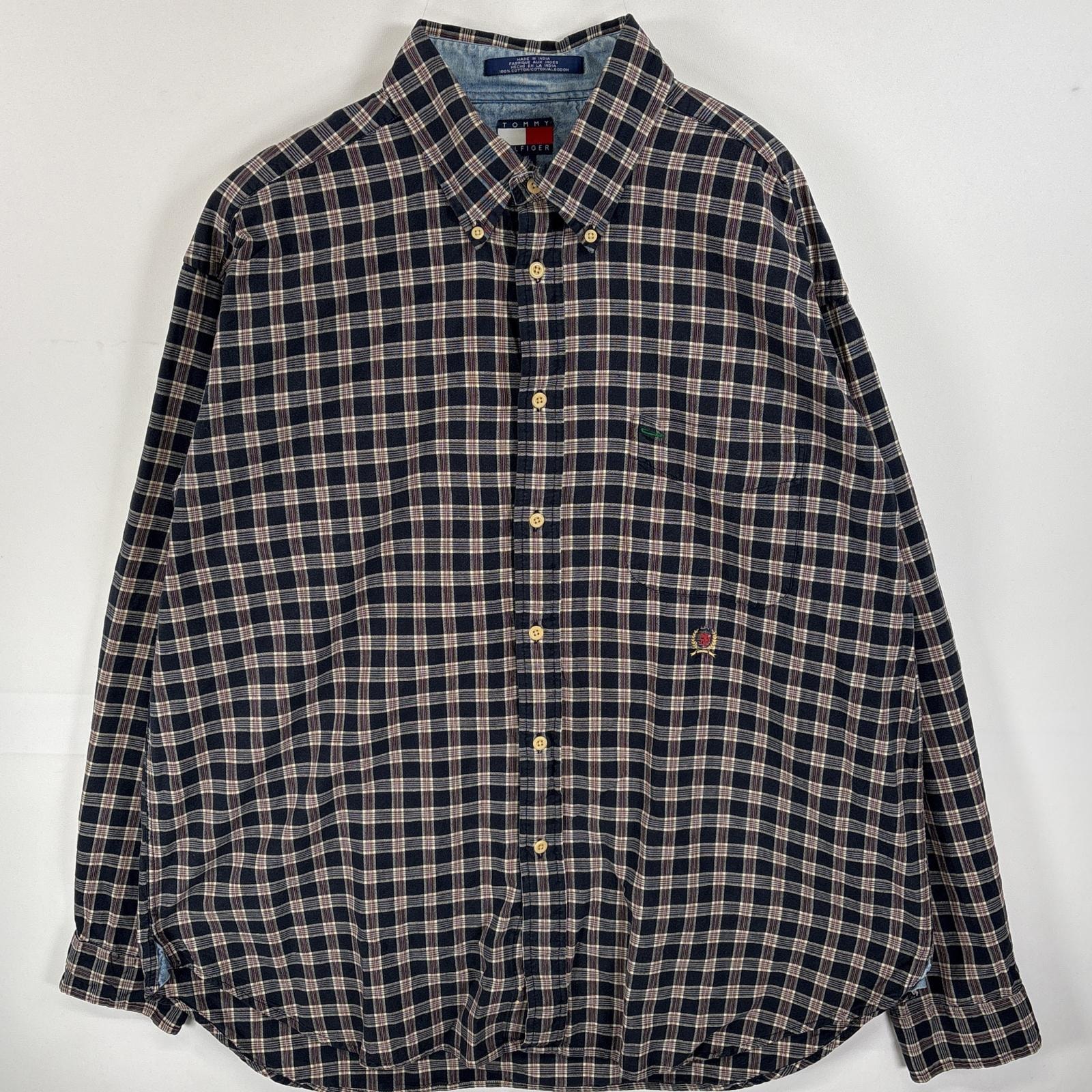 古着 90's/90年代 トミーヒルフィガー TOMMY HILFIGER 長袖シャツ ボタンダウンシャツ ワンポイント ロゴ 刺繍 胸ポケ XL  ネイビー系 チェック メンズ