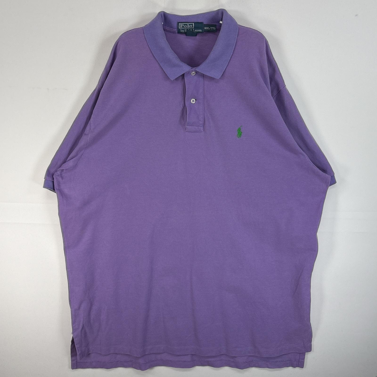 古着 90's/90年代 ポロバイラルフローレン Polo by Ralph Lauren 鹿の子 半袖 ポロシャツ ロゴ 刺繍 2ボタン 大きいサイズ 14041  パープル系 無地 メンズ
