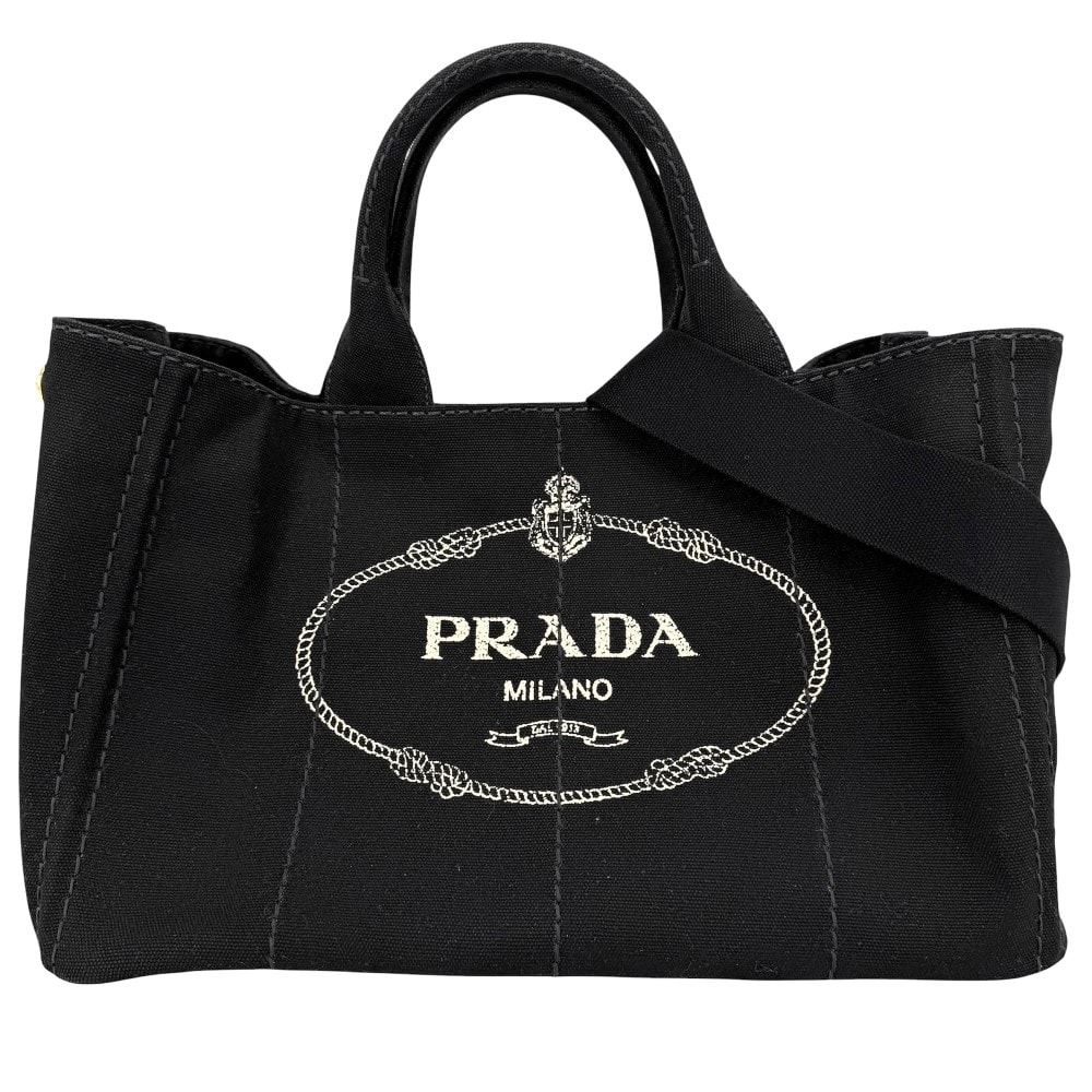 PRADA プラダ 2WAY トートバッグ ショルダーバッグ カナパ トライアングルロゴ ハンドバッグ 1BG642 キャンバス    ブラック 黒 ゴールド金具 レディース【中古品】